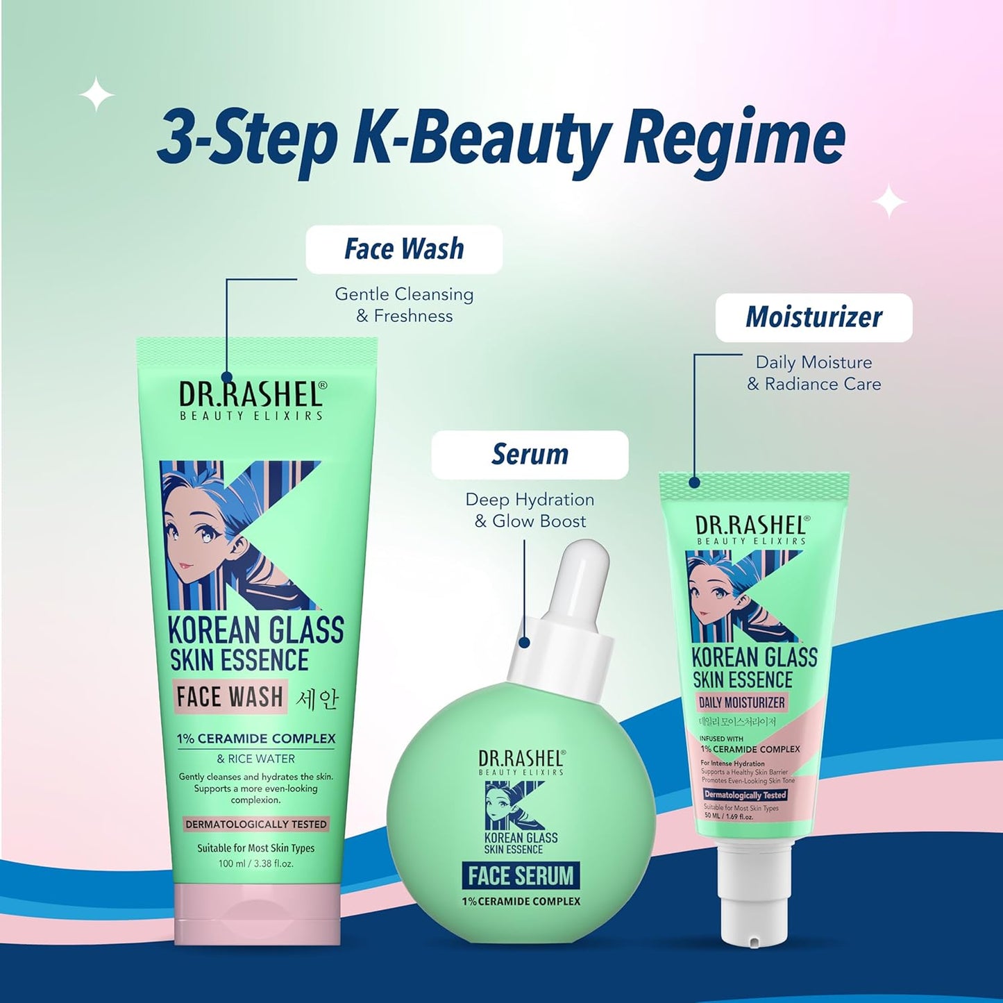 Korean Glass Skin Care Combo | Face Wash, Brightening Serum & Moisturizer | Daily Skincare Routine