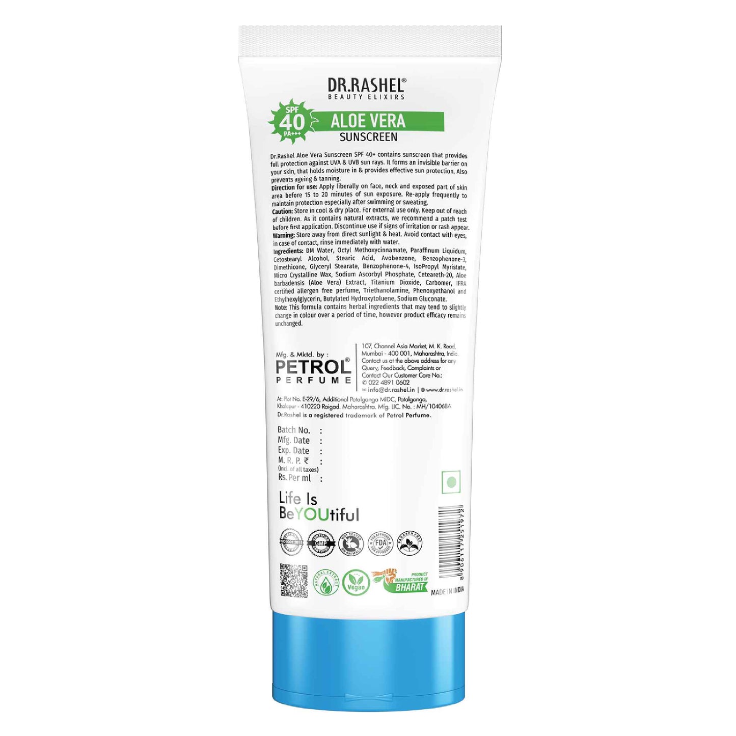 Dr. Rashel Aloe Vera Water Resistant Sunscreen SPF 40+ (PA+++) - 100 ml