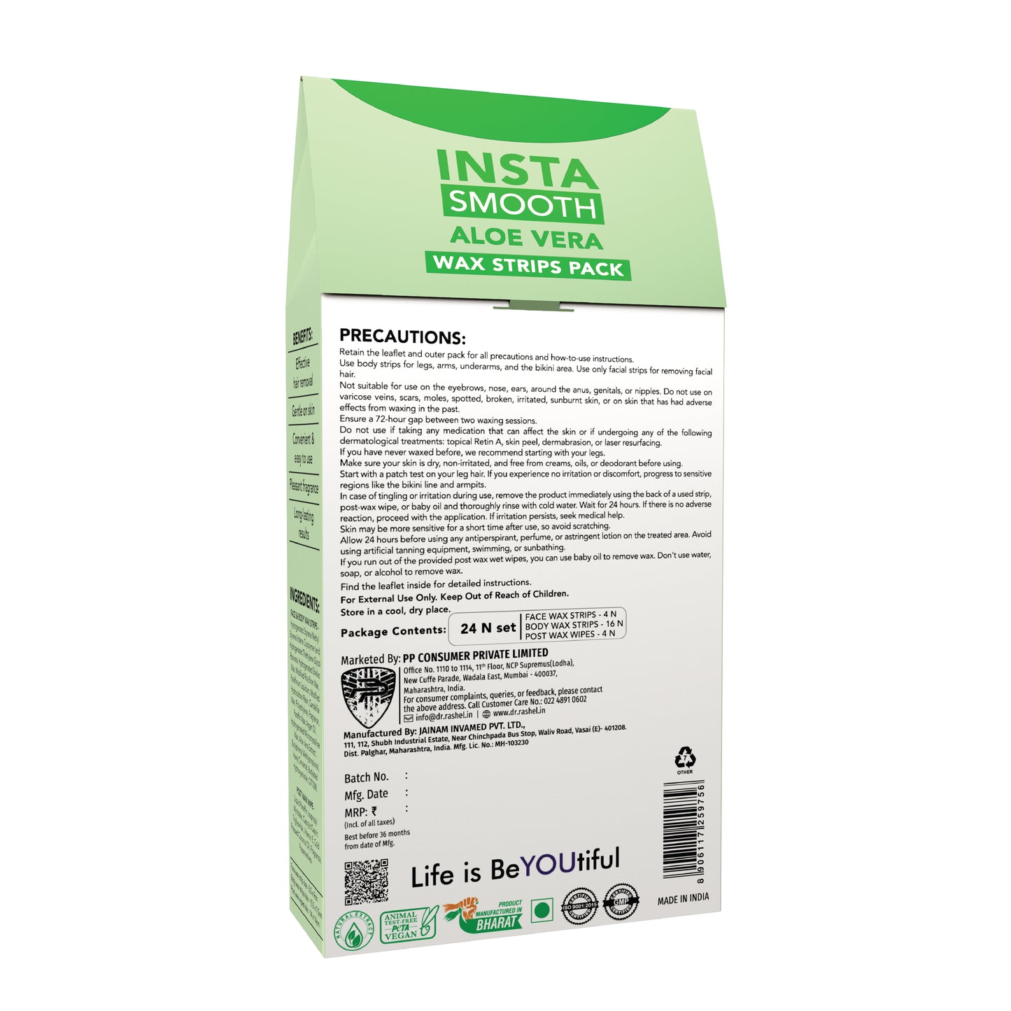 Insta Smooth Aloe Vera Wax Strips Pack for Face and Body.