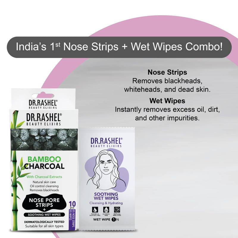 Charcoal Nose Strips for Blackheads Removal & Soothing Wet Wipes Combo Pack