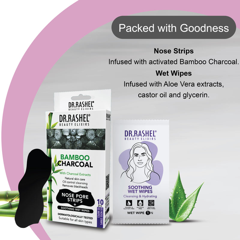 Charcoal Nose Strips for Blackheads Removal & Soothing Wet Wipes Combo Pack