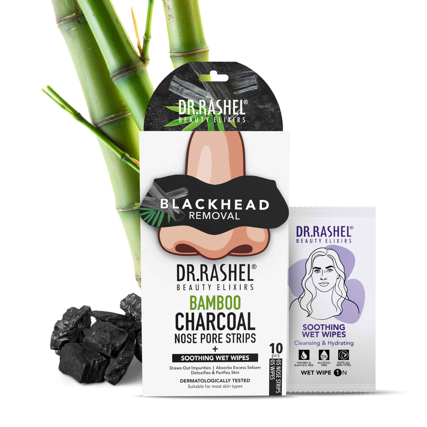 Charcoal Nose Strips for Blackheads Removal & Soothing Wet Wipes Combo Pack