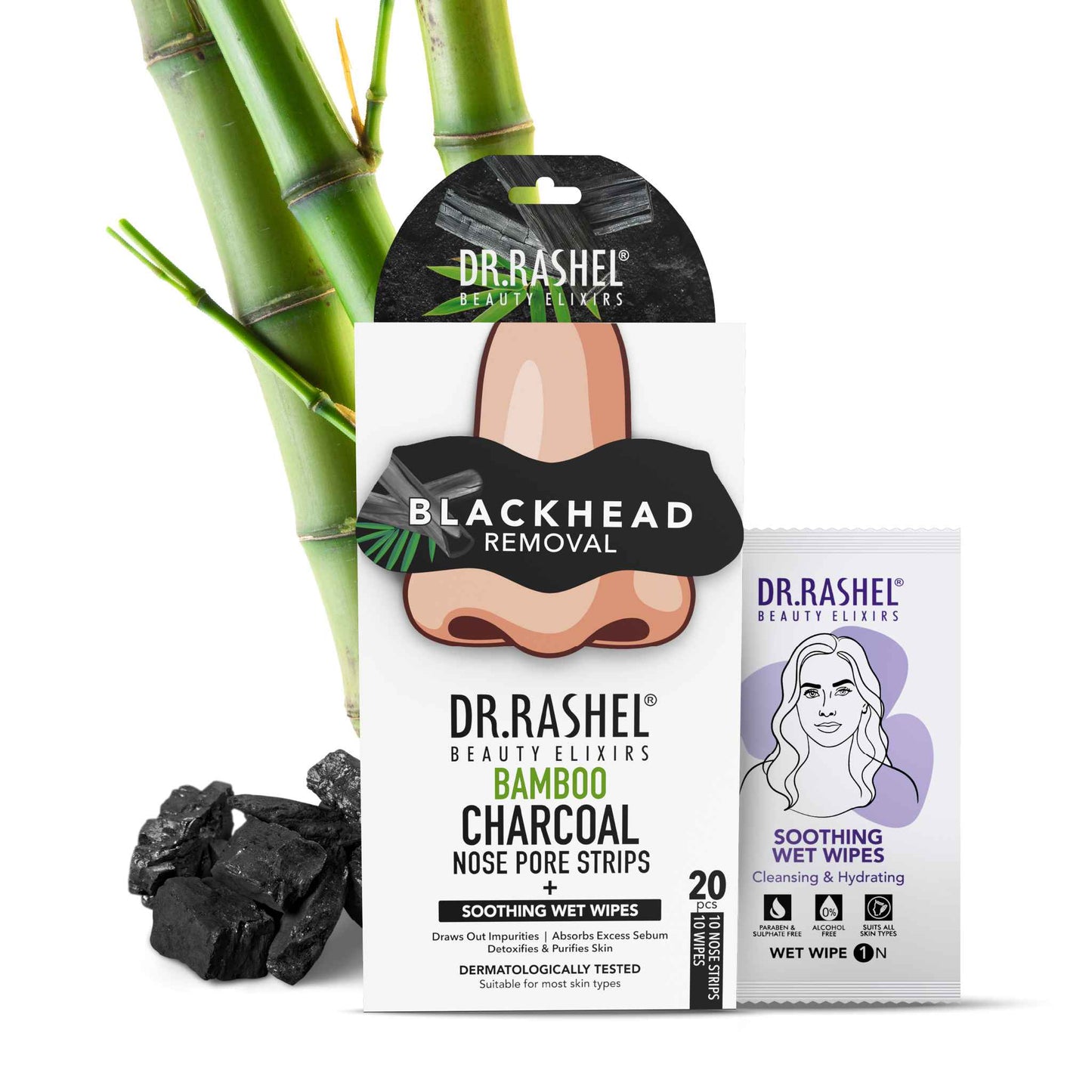 Charcoal Nose Strips for Blackheads Removal & Soothing Wet Wipes Combo Pack