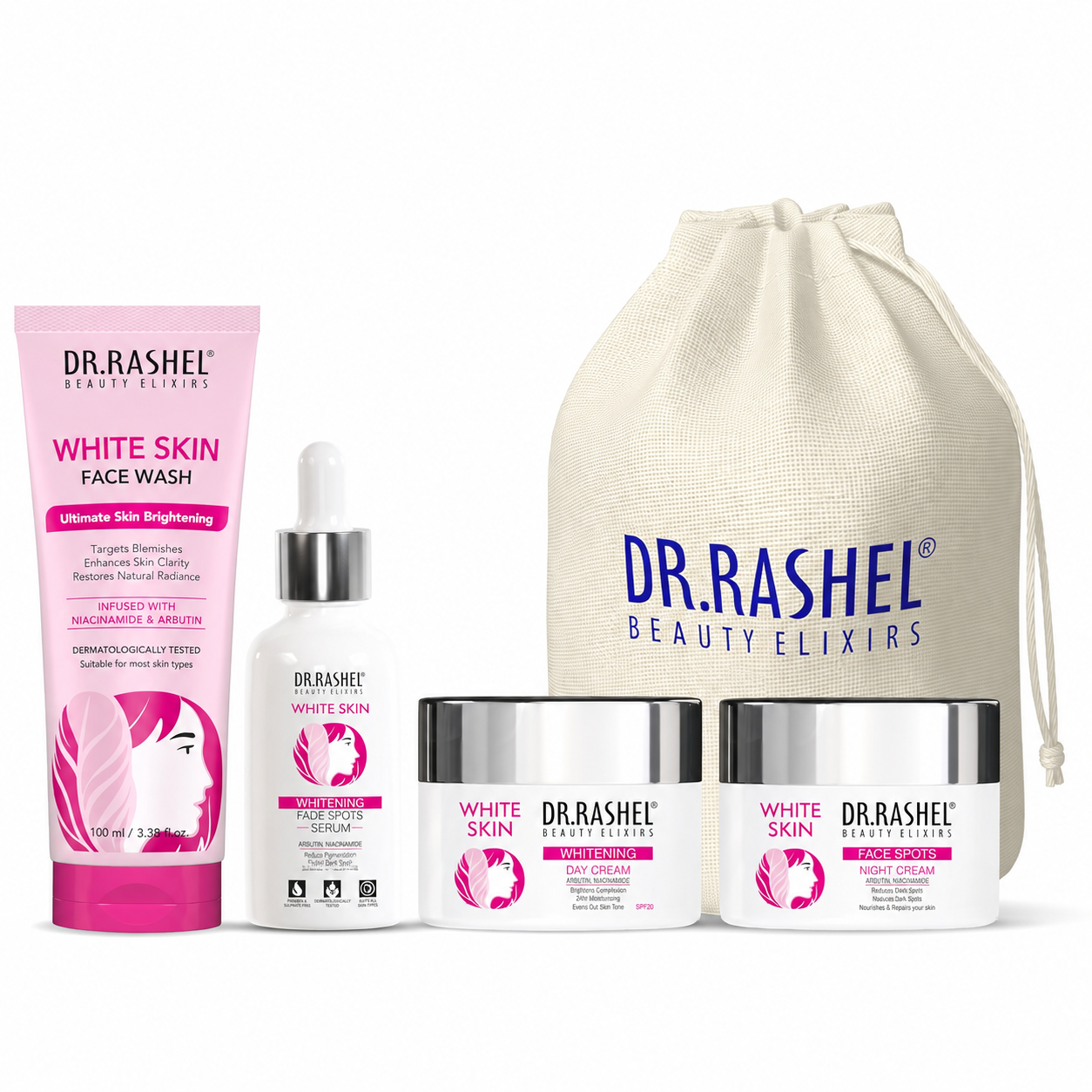 White Skin All-in-One Skincare Combo with Pouch | Face Wash, Serum, Day & Night Cream for Glowing Skin
