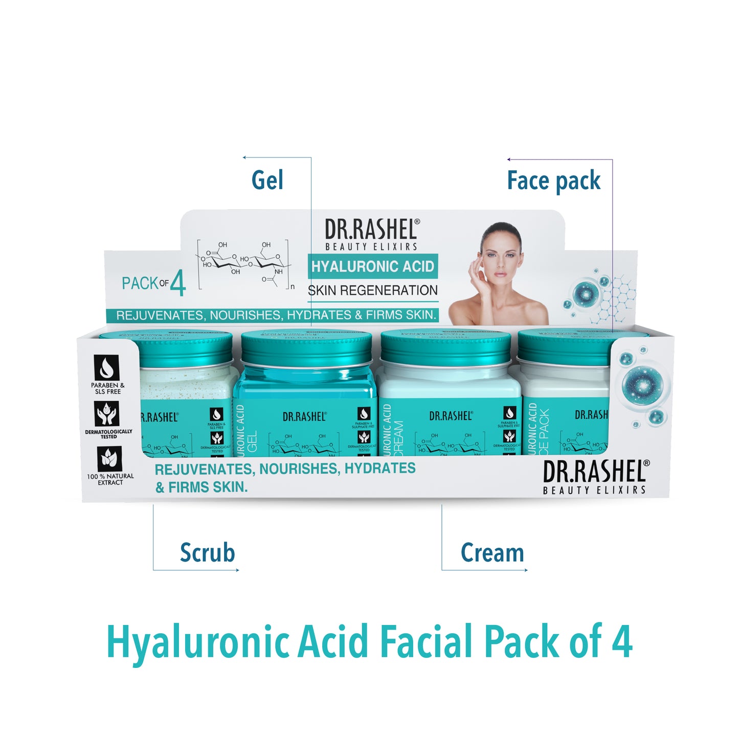 Hyaluronic Acid Facial Pack of 4 (scrub, Gel, Cream & Facepack) - 1520 ml