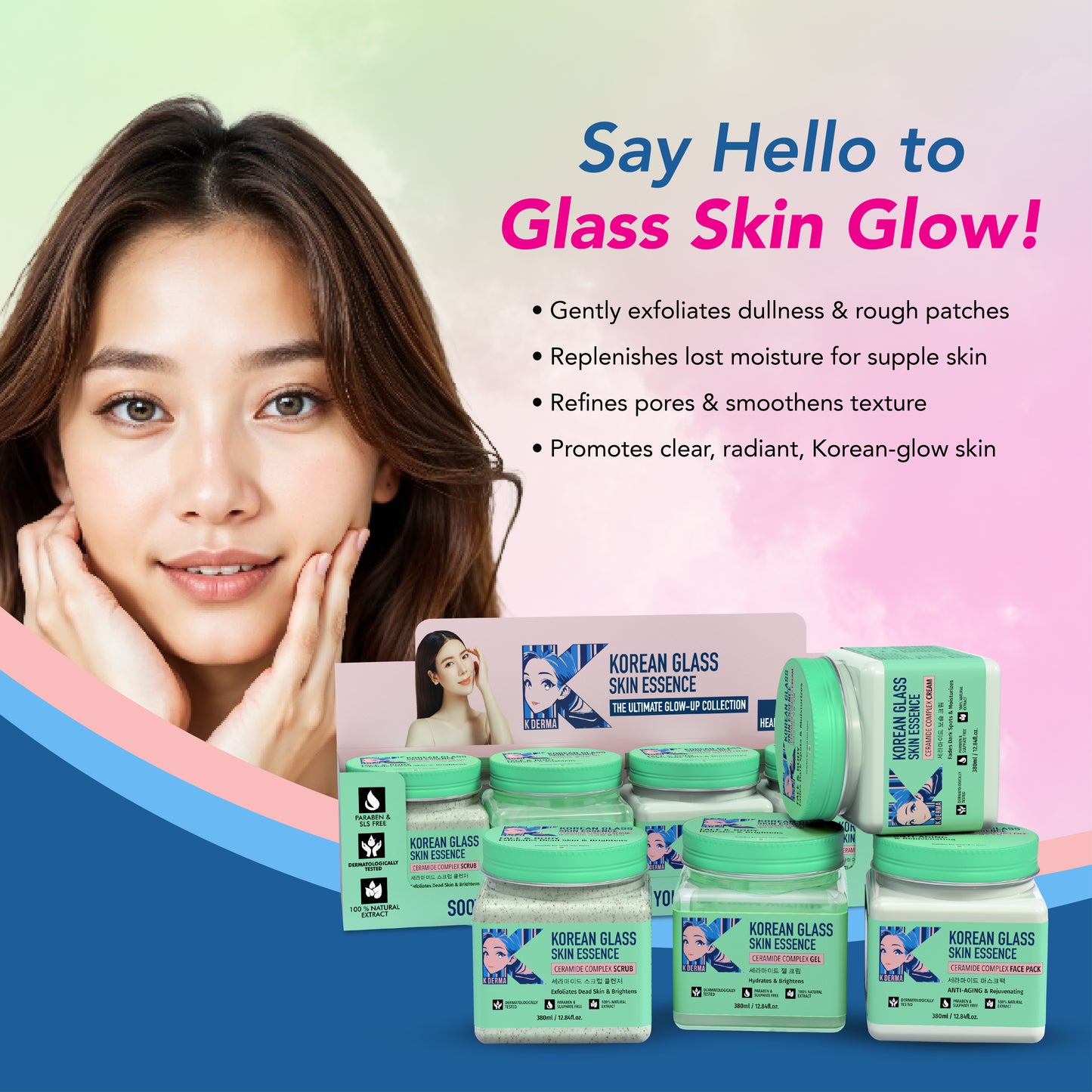 Korean Glass Skin Essence Facial Pack of 4 (Scrub, Gel, Cream & Facepack).