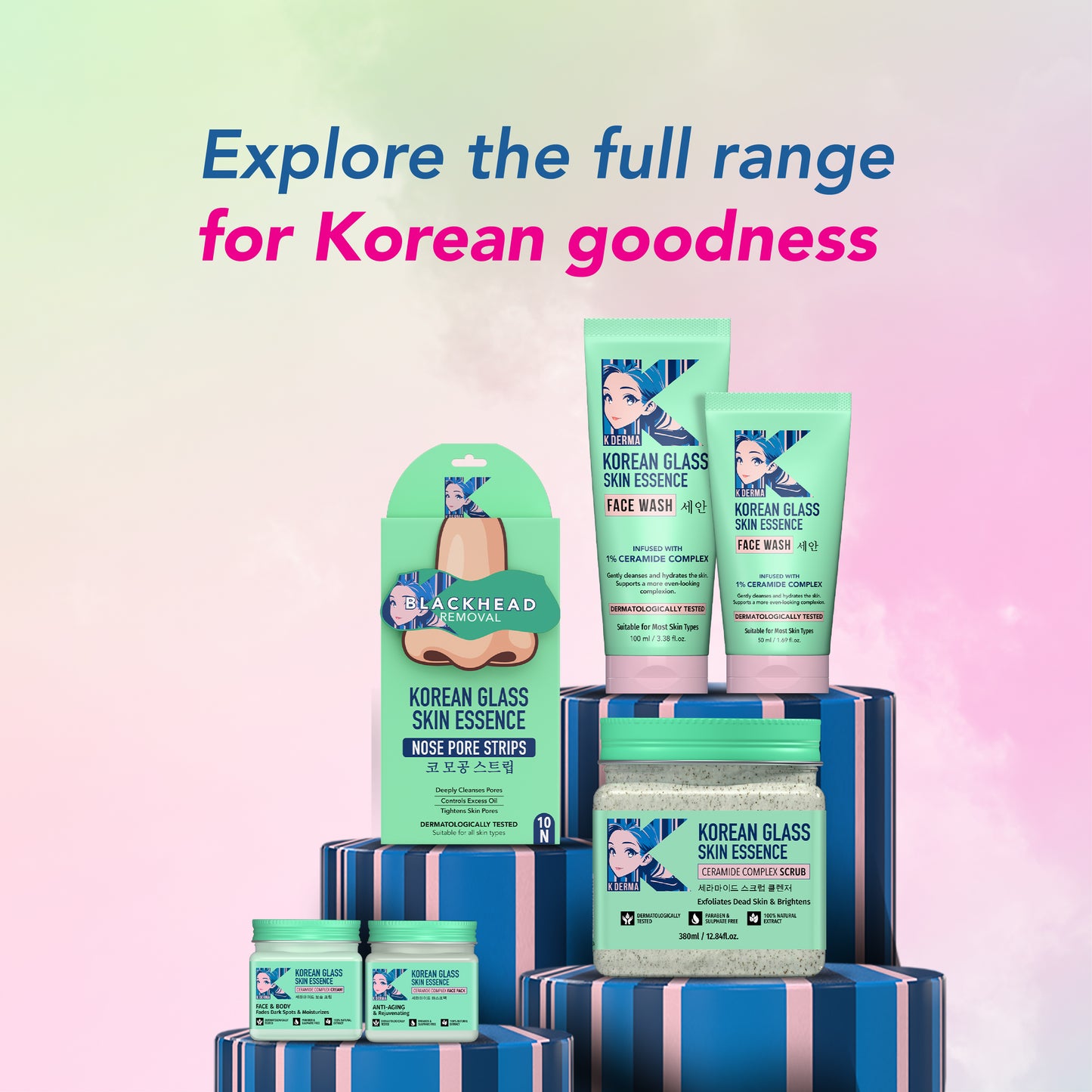 Korean Glass Skin Essence Facial Pack of 4 (Scrub, Gel, Cream & Facepack).