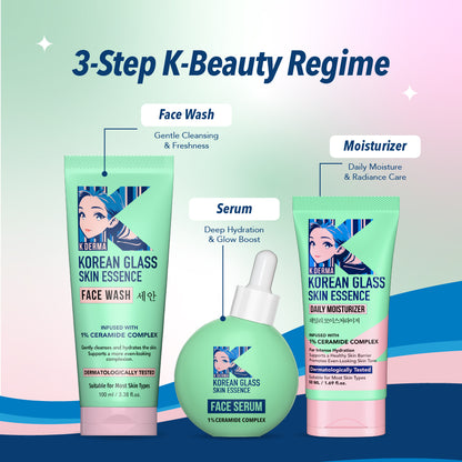 Korean Glass Skin Care Combo | Face Wash, Brightening Serum & Moisturizer | Daily Skincare Routin with Pouch