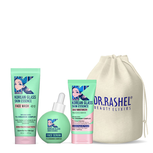 Korean Glass Skin Care Combo | Face Wash, Brightening Serum & Moisturizer | Daily Skincare Routin with Pouch