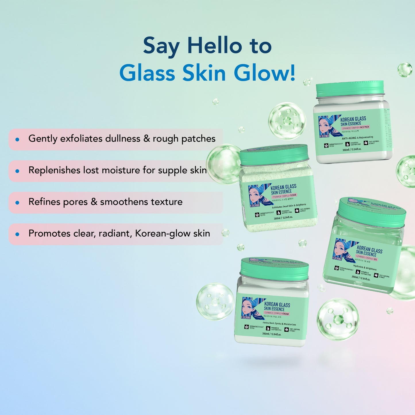 Korean Glass Skin Essence Facial Pack of 4 (Scrub, Gel, Cream & Facepack)