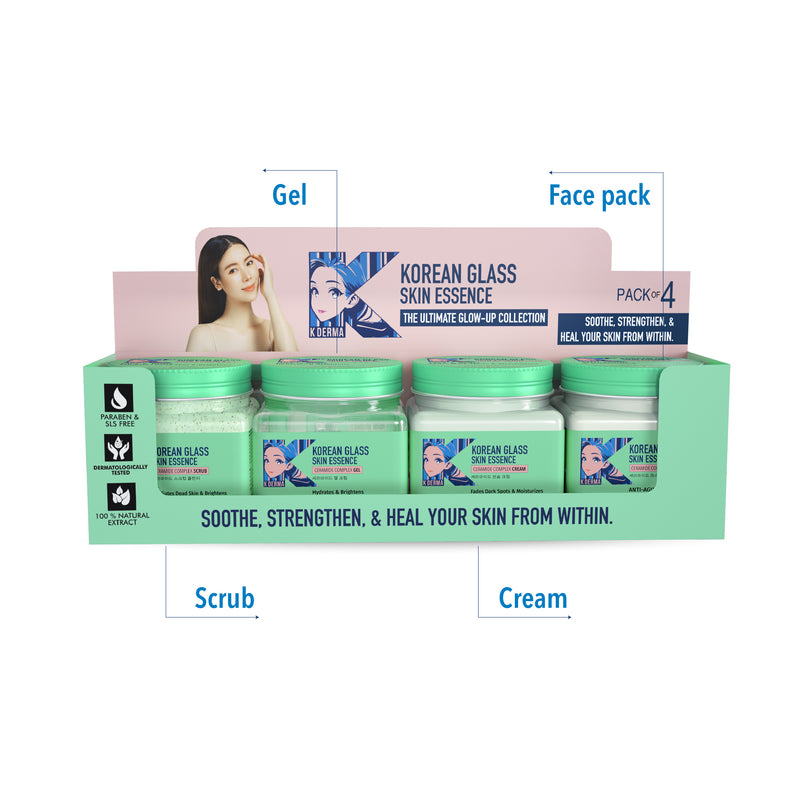 Korean Glass Skin Essence Facial Pack of 4 (Scrub, Gel, Cream & Facepack)