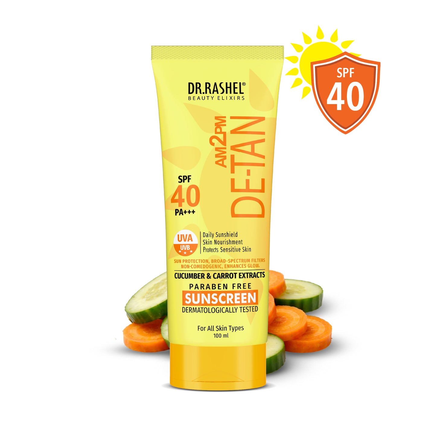 Detan Sunscreen SPF 40 | PA+++ Protection | Carrot & Cucumber - 100 ml