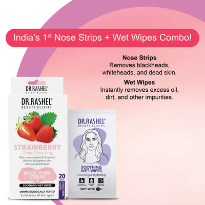 Strawberry nose strips & soothing wet wipes combo Pack (20 pcs)