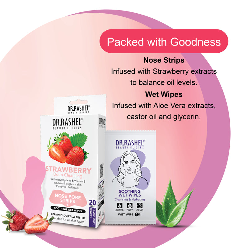 Strawberry nose strips & soothing wet wipes combo Pack (20 pcs)