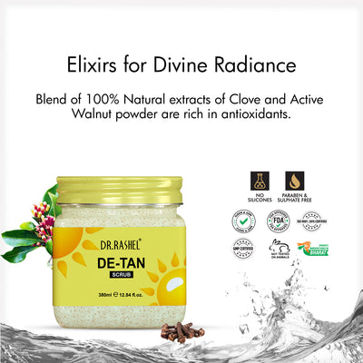 De tan scrub, Dr Rashel Detan srub made with natural extract of clove and walnut